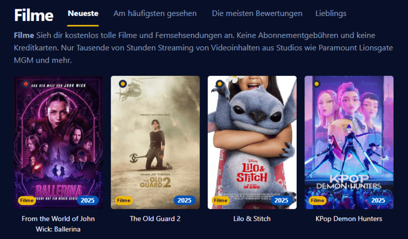 Screenshot der Filmpalast-Benutzeroberfl&auml;che, die verschiedene Filmtitel und Serienepisoden anzeigt.